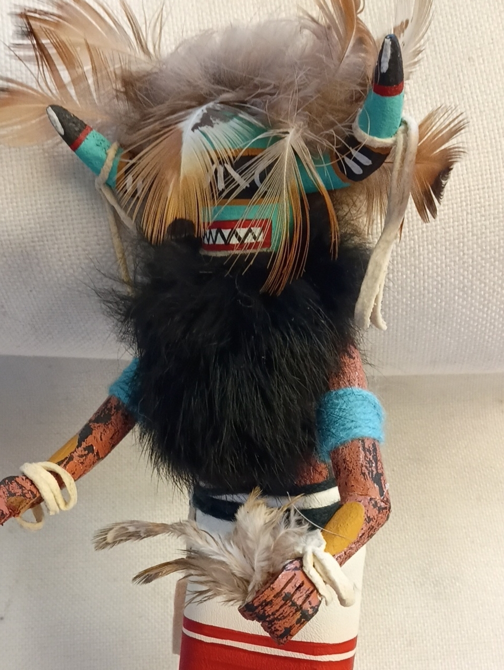 Native American Kachina Doll, Feathers, Fur, Leather 11 in. Signed. EUC